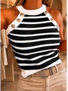 Happily Grey Black White Striped Sweater Tank Gold Anchor Buttons L Nautical